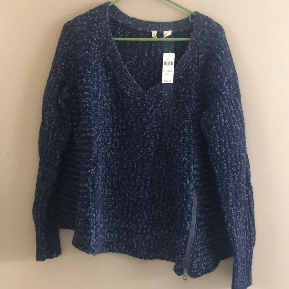 Anthropologie Navy Blue Marble Moth V-Neck Side Zipper Petite Sweater